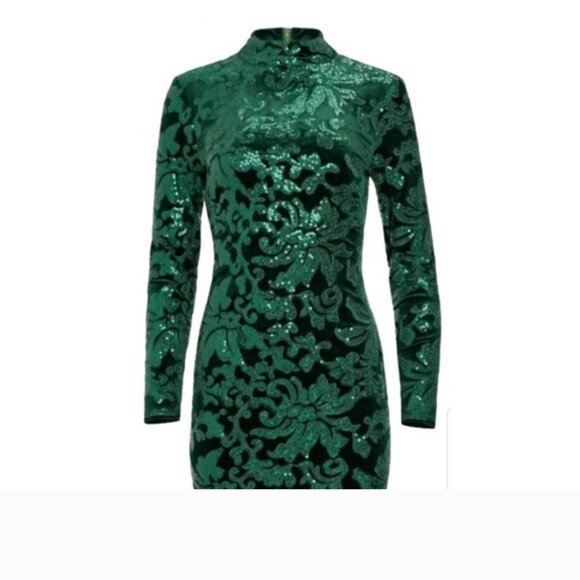 VENUS Green velvet and sequence Floral Long Sleeve Dress - Picture 1 of 3